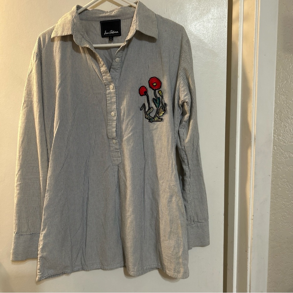 Gray Striped Long Sleeve Shirt with Red Floral Embroidery